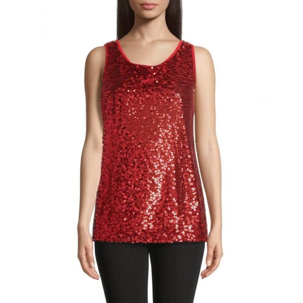 DS By Debbie Shuchat Tank Top M Red Sequin Cowl Neck Keyhole Back Glamorous Part
